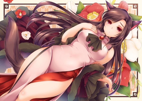 Anime picture 1400x998 with touhou imaizumi kagerou moneti (daifuku) single long hair looking at viewer black hair red eyes animal ears tail animal tail chinese clothes girl flower (flowers) chinese dress