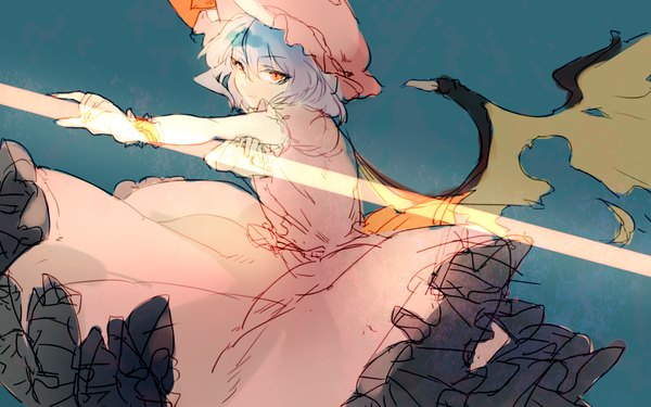 Anime picture 1440x900 with touhou remilia scarlet asuna (i luv) single looking at viewer short hair simple background red eyes blue hair outstretched arm girl dress wings bonnet pink dress spear the gungnir