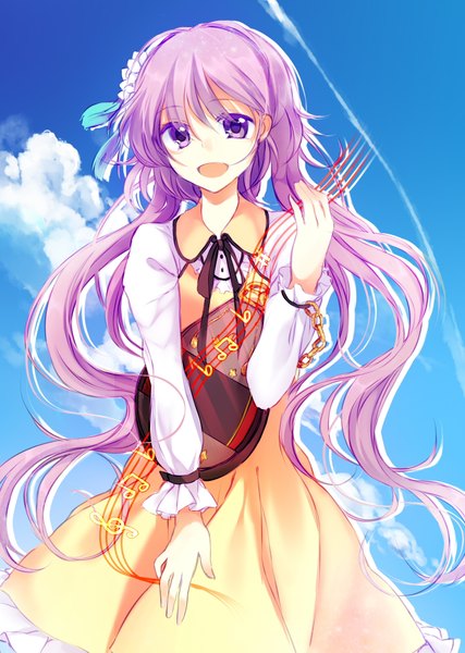 Anime picture 1474x2071 with touhou tsukumo benben kirame kirai (artist) single long hair tall image looking at viewer open mouth purple eyes sky purple hair cloud (clouds) girl dress musical note