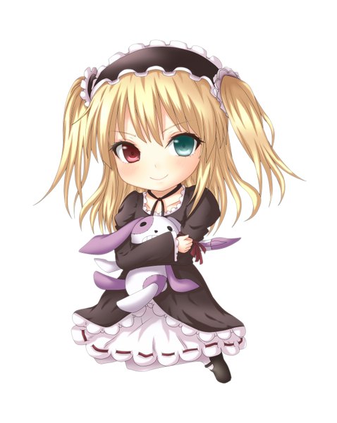 Anime picture 1261x1582 with boku wa tomodachi ga sukunai hasegawa kobato kuena long hair tall image simple background blonde hair white background hug heterochromia chibi girl dress toy stuffed animal