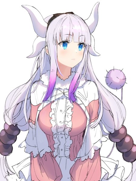 Anime picture 800x1067 with kobayashi-san chi no maidragon kyoto animation kanna kamui ice (ice aptx) long hair tall image fringe breasts blue eyes simple background large breasts white background twintails payot looking away silver hair upper body blunt bangs multicolored hair horn (horns)