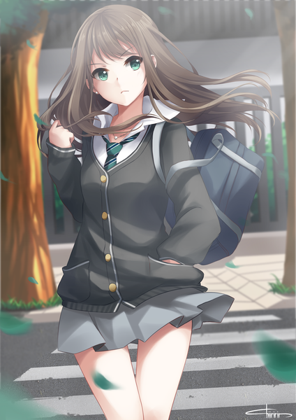 Anime picture 2893x4092 with idolmaster idolmaster cinderella girls shibuya rin chiiririn single long hair tall image blush fringe highres brown hair standing green eyes signed looking away outdoors pleated skirt open collar hand in pocket walking