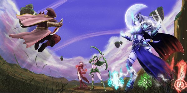 Anime picture 1800x900 with world of warcraft blizzard entertainment night elf draenei seiryu zaiten long hair highres blue eyes light erotic wide image multiple girls pink hair purple hair tail horn (horns) green hair pointy ears magic elf girl