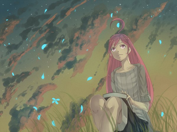 Anime picture 1500x1125 with vocaloid miki (vocaloid) tomaeda (bravered) single long hair sitting pink hair sky cloud (clouds) ahoge pink eyes girl plant (plants) petals book (books) grass