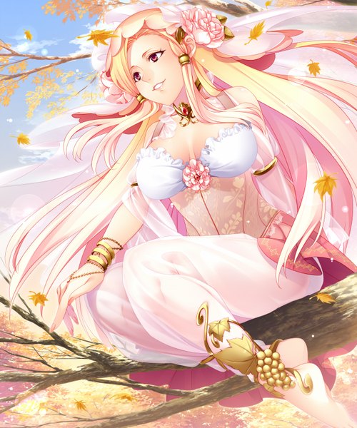 Anime picture 1250x1500 with original mikapoe single long hair tall image breasts light erotic blonde hair red eyes sitting barefoot hair flower girl dress hair ornament flower (flowers) plant (plants) tree (trees) bracelet leaf (leaves)