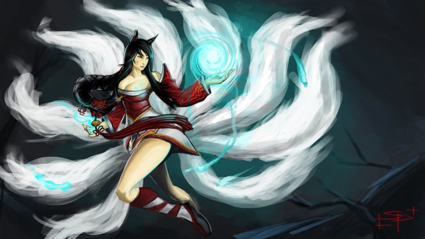 Anime picture 1360x768 with league of legends ahri (league of legends) single long hair breasts light erotic black hair wide image large breasts animal ears yellow eyes animal tail fox ears magic facial mark multiple tails whisker markings girl dress flame