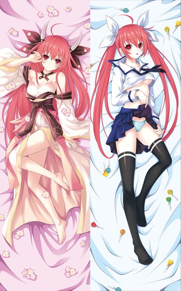 Anime picture 825x1323 with date a live itsuka kotori akahiko mei long hair tall image blush light erotic red eyes twintails pink hair full body horn (horns) multiview dakimakura (medium) girl thighhighs dress uniform underwear panties
