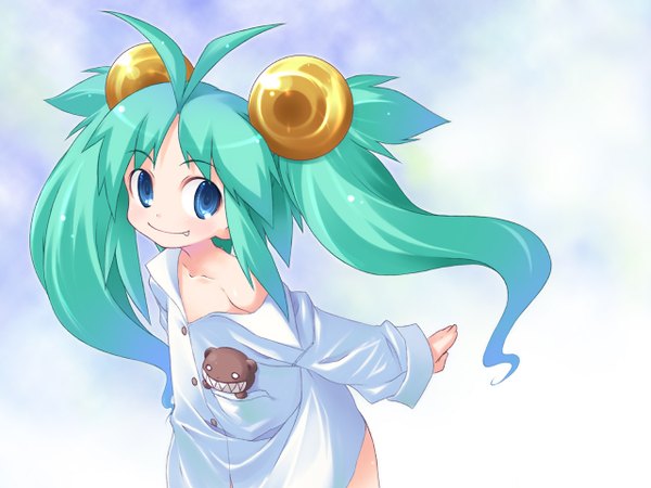 Anime picture 1280x960 with akane yuki blue eyes light erotic green hair open clothes teeth fang (fangs) open shirt