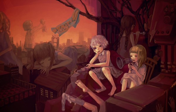 Anime picture 2500x1600 with hecatoncheir hecatoncheir 2 dohi (bonno) long hair highres short hair brown hair multiple girls silver hair braid (braids) barefoot arm support twin braids city group 6+ girls 6 girls giant girl weapon