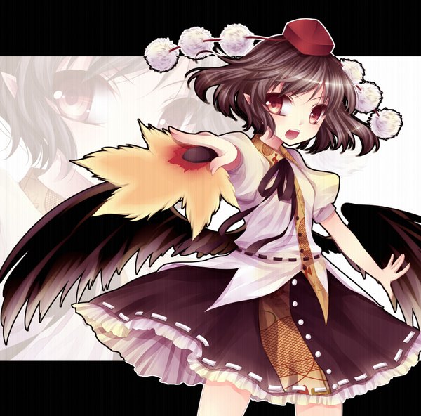 Anime picture 1500x1481 with touhou shameimaru aya mikazuki sara short hair open mouth red eyes brown hair pointy ears zoom layer girl skirt hat miniskirt wings fan hauchiwa
