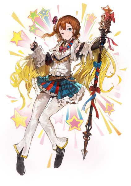 Anime picture 1000x1415 with love live! school idol project granblue fantasy sunrise (studio) love live! kousaka honoka alchemaniac single tall image looking at viewer fringe short hair blue eyes smile brown hair holding bent knee (knees) pleated skirt one eye closed wink one side up