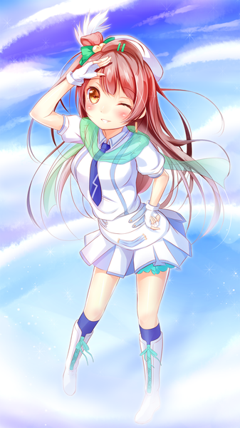 Anime picture 1000x1780 with love live! school idol project sunrise (studio) love live! minami kotori yuuyu single long hair tall image looking at viewer blush sky cloud (clouds) red hair one eye closed wink orange eyes girl dress necktie beret