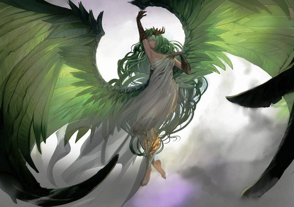 Anime picture 1579x1117 with original lord philman single fringe light erotic cloud (clouds) very long hair arm up green hair hair over one eye hand on chest wavy hair angel wings blindfold girl gloves hair ornament wings elbow gloves greaves