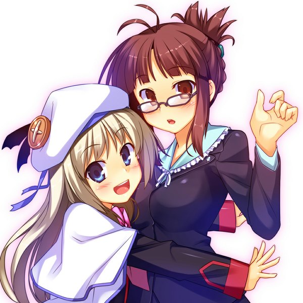 Anime picture 1000x1000 with idolmaster little busters! key (studio) noumi kudryavka akizuki ritsuko racer (magnet) long hair blush short hair open mouth blue eyes blonde hair simple background brown hair white background multiple girls brown eyes girl uniform 2 girls