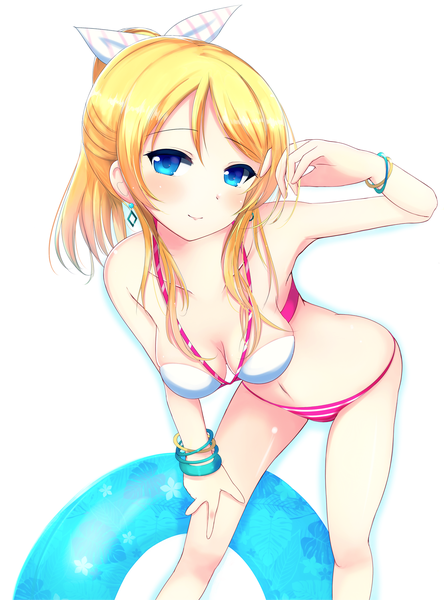 Anime picture 1111x1500 with love live! school idol project sunrise (studio) love live! ayase eli kirimoti34 single tall image blush short hair blue eyes light erotic blonde hair white background ponytail midriff girl navel bow swimsuit hair bow