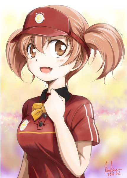 Anime picture 1055x1473 with hataraku maou-sama! white fox sasaki chiho kem kem single tall image looking at viewer blush short hair open mouth brown hair twintails brown eyes signed short twintails girl t-shirt flat cap