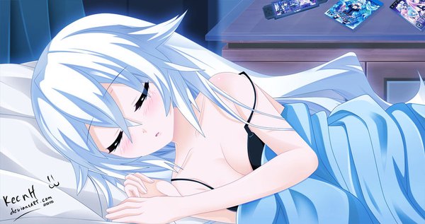 Anime picture 900x476 with choujigen game neptune noire black heart keenh single long hair blush fringe breasts light erotic hair between eyes wide image bare shoulders signed payot upper body ahoge white hair lying eyes closed