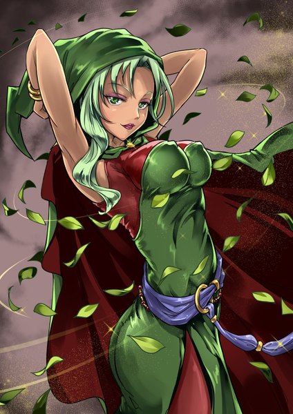 Anime picture 640x905 with precure smile precure! toei animation majorina mousoup single long hair tall image breasts light erotic large breasts green eyes green hair grey background erect nipples lipstick covered nipples side slit arms behind head eyeshadow