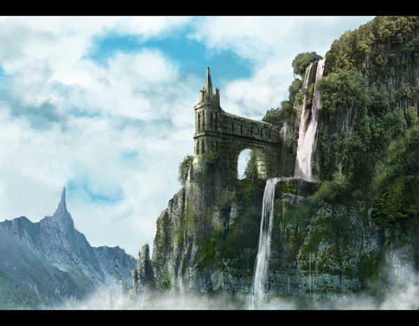 Anime picture 1024x796 with original ichiro matsura sky cloud (clouds) letterboxed mountain landscape scenic waterfall fog overgrown plant (plants) tree (trees) water castle tower arch cliff