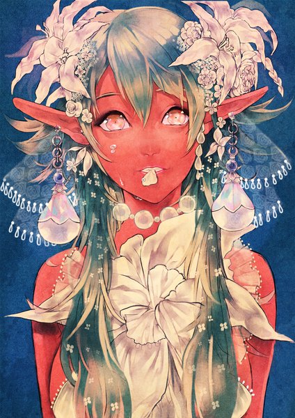 Anime picture 1447x2046 with original pantsumoriko single long hair tall image looking at viewer open mouth simple background bare shoulders multicolored hair hair flower pointy ears lipstick tears mouth hold red skin girl hair ornament flower (flowers) earrings