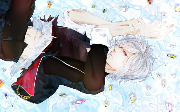 Anime picture 1232x768 with diabolik lovers idea factory sakamaki subaru single looking at viewer fringe short hair red eyes wide image silver hair lying grey hair hair over one eye torn clothes boy crystal