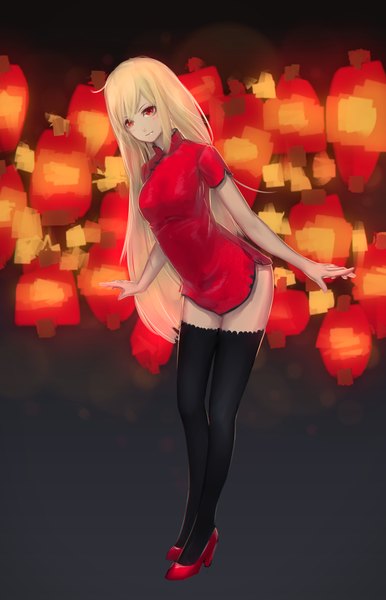 Anime picture 1198x1860 with original maredoro single long hair tall image looking at viewer blush blonde hair red eyes chinese clothes girl thighhighs black thighhighs shoes