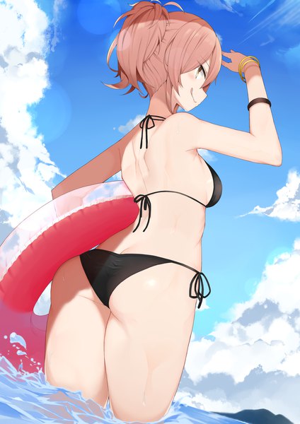 Anime picture 2480x3507 with idolmaster idolmaster cinderella girls jougasaki mika cole single tall image fringe highres short hair light erotic holding yellow eyes pink hair sky cloud (clouds) ass ponytail profile looking back arm up