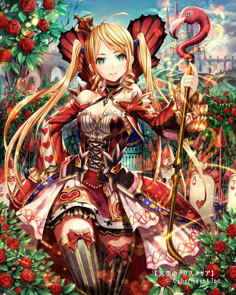 Anime picture 640x800 with alice in wonderland queen of hearts gabiran long hair tall image looking at viewer blush fringe breasts blonde hair smile twintails holding green eyes sky cleavage cloud (clouds) ahoge long sleeves wide sleeves