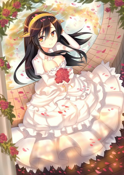 Anime picture 744x1052 with kantai collection haruna battleship touwa nikuman single long hair tall image looking at viewer blush black hair smile brown eyes cleavage girl dress hair ornament flower (flowers) petals rose (roses) bouquet wedding dress