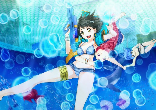 Anime picture 2480x1753 with yui 7 long hair highres short hair open mouth blue eyes black hair brown hair purple eyes multiple girls green eyes yellow eyes blue hair pink hair braid (braids) hair flower hug holding hands underwater girl
