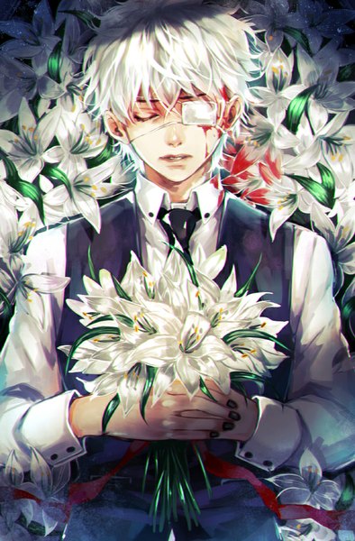 Anime picture 657x1000 with tokyo ghoul studio pierrot kaneki ken saito yukihiro single tall image short hair white hair lying eyes closed nail polish boy flower (flowers) ribbon (ribbons) shirt necktie blood eyepatch vest bouquet