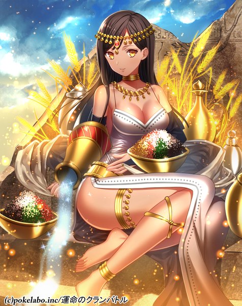 Anime picture 794x1000 with fuji minako single long hair tall image looking at viewer breasts light erotic black hair sitting yellow eyes girl dress hair ornament water