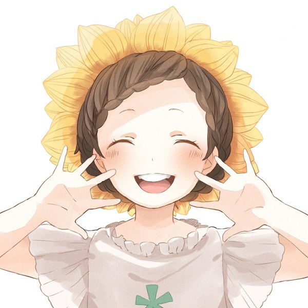 Anime picture 1000x1000 with original kana (okitasougo222) single blush short hair open mouth simple background smile brown hair white background eyes closed happy girl flower (flowers) hat child (children) sunflower hands