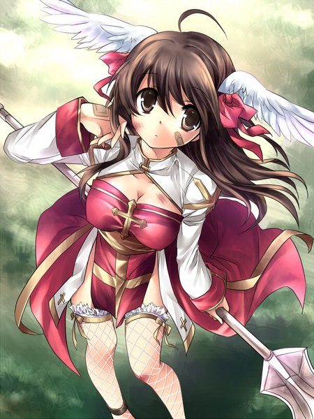 Anime picture 600x800 with ragnarok online archbishop (ragnarok online) sorai shin'ya single long hair tall image looking at viewer blush fringe breasts light erotic hair between eyes brown hair large breasts holding payot ahoge bent knee (knees) wind no panties