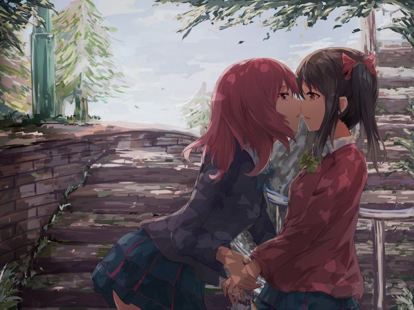 Anime picture 1600x1199 with love live! school idol project sunrise (studio) love live! nishikino maki yazawa nico white crow long hair fringe black hair red eyes purple eyes twintails multiple girls pink hair sky parted lips profile pleated skirt leaning holding hands