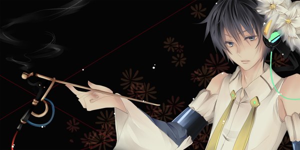 Anime picture 1500x750 with vocaloid yume kakeuta (vocaloid) kaito (vocaloid) jikei single looking at viewer fringe short hair blue eyes wide image bare shoulders holding upper body parted lips grey hair dark background smoke smoking floral background boy
