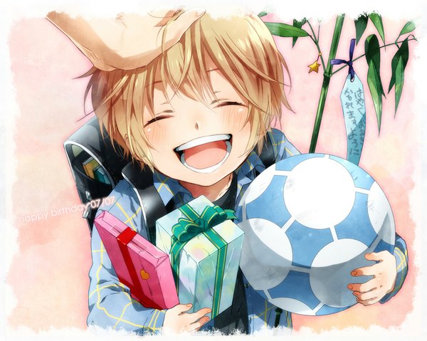 Anime picture 1024x819 with brave story ashikawa mitsuru mitsuru (brave story) nakagawa waka single blush short hair open mouth blonde hair smile eyes closed hand on head framed ^ ^ happy birthday ^o^ tanabata boy shirt gift