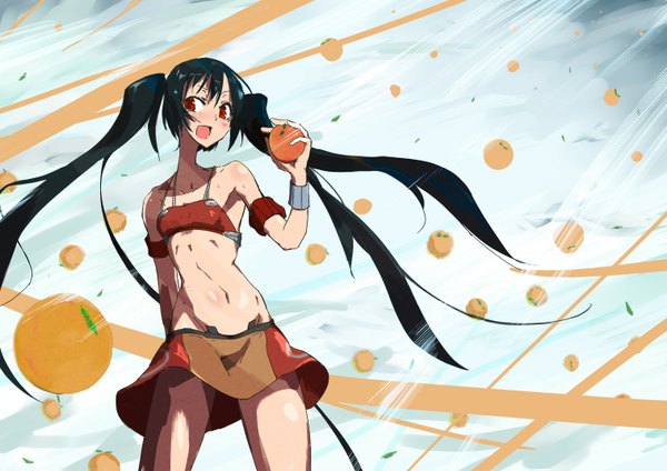 Anime picture 3033x2148 with arancia project original arancia vane (vane0) long hair highres open mouth black hair red eyes twintails bare shoulders absurdres girl miniskirt orange (fruit)