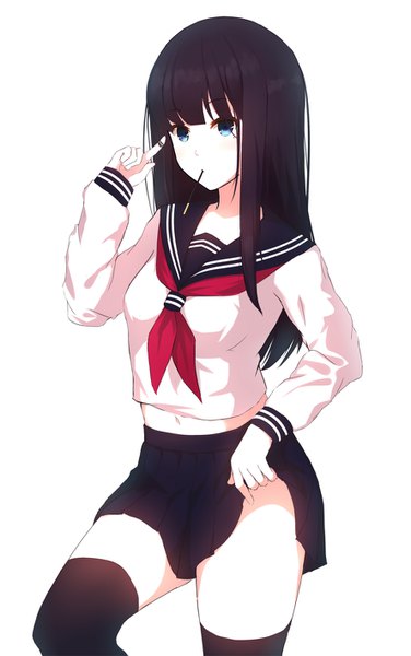 Anime picture 888x1414 with original ebugers single long hair tall image fringe highres blue eyes light erotic black hair simple background white background looking away blunt bangs pleated skirt mole mole under eye skirt lift girl thighhighs