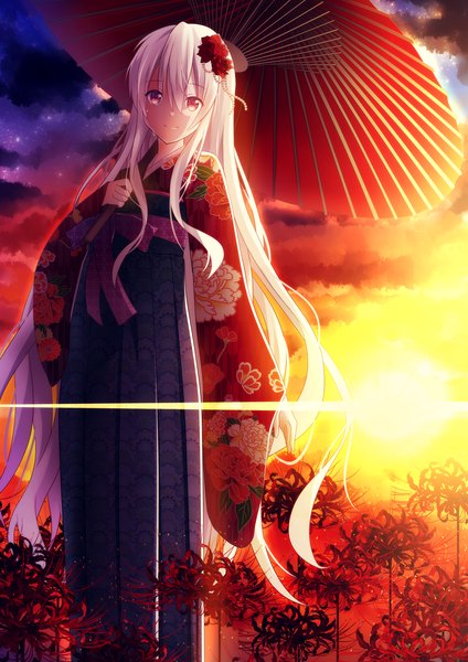 Anime picture 1200x1699 with kagerou project shaft (studio) mary (kagerou project) ikasumi kurou single tall image looking at viewer red eyes sky cloud (clouds) white hair very long hair traditional clothes japanese clothes tears evening sunset girl hair ornament flower (flowers)