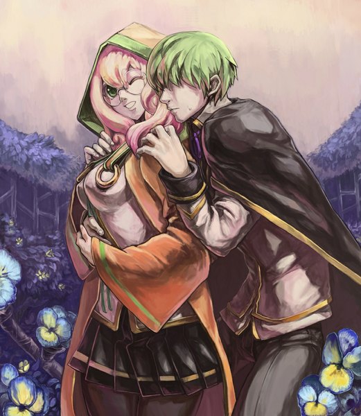 Anime picture 1000x1150 with blazblue hazama trinity glassfield tagme (artist) long hair tall image short hair blonde hair green eyes pink hair one eye closed green hair wink sweat couple hair over eyes girl boy flower (flowers) glasses