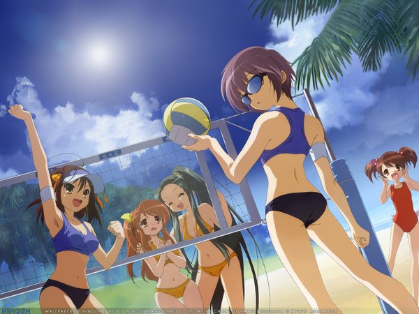 Anime picture 1600x1200 with suzumiya haruhi no yuutsu kyoto animation suzumiya haruhi nagato yuki asahina mikuru tsuruya kyon no imouto ningen (nattoli) ikeda shouko girl swimsuit