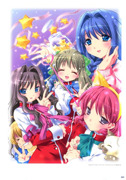 Anime picture 2446x3500 with kanon key (studio) minase nayuki minase akiko aizawa yuuichi kamiya maneki long hair tall image blush highres short hair open mouth blue eyes black hair brown hair multiple girls blue hair pink hair eyes closed scan