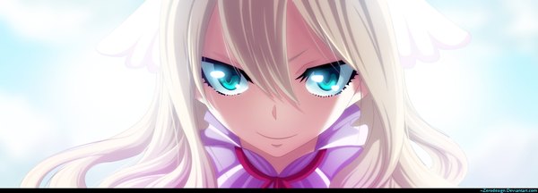 Anime picture 1000x361 with fairy tail mavis vermillion zeroooart single long hair simple background blonde hair smile wide image white background sky aqua eyes sunlight coloring portrait girl