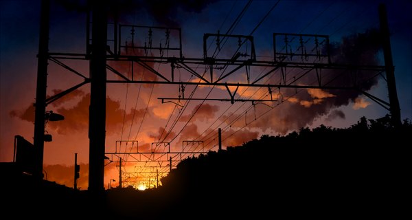 Anime picture 1500x800 with original kibunya 39 wide image sky cloud (clouds) evening sunset no people landscape wire (wires) power lines