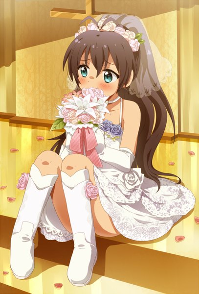 Anime picture 800x1178 with idolmaster ganaha hibiki hiiringu single long hair tall image blush blue eyes brown hair sitting bare shoulders ponytail hair flower wedding girl dress gloves hair ornament flower (flowers) petals