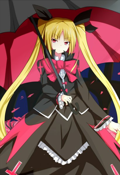 Anime picture 700x1020 with blazblue rachel alucard 8nagi single long hair tall image looking at viewer fringe blonde hair red eyes twintails girl dress bow hair bow black dress umbrella large bow
