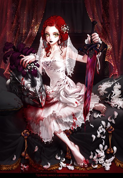 Anime picture 800x1156 with qurare: magic library shabomu single long hair tall image looking at viewer bare shoulders green eyes red hair nail polish barefoot wedding girl dress hair ornament weapon earrings sword blood curtains
