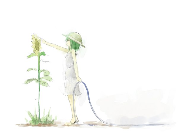 Anime picture 1000x750 with vocaloid gumi loundraw single short hair simple background standing white background profile green hair alternate costume girl flower (flowers) hat sundress sandals sunflower hose