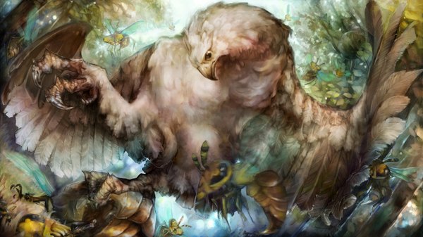 Anime picture 2560x1440 with dragon's crown vanillaware highres wide image flying plant (plants) animal tree (trees) bird (birds) insect claws eagle